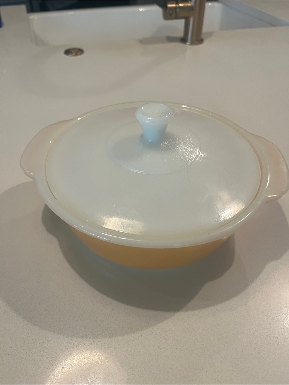 Vintage-Style Fire-King Peach Lustre Covered Casserole Dish with White Lid